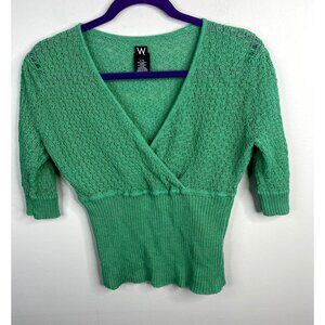 Y2K Fairy Grunge Sweater Top Large Green Crochet Surplice Neck Empire Waist Lace